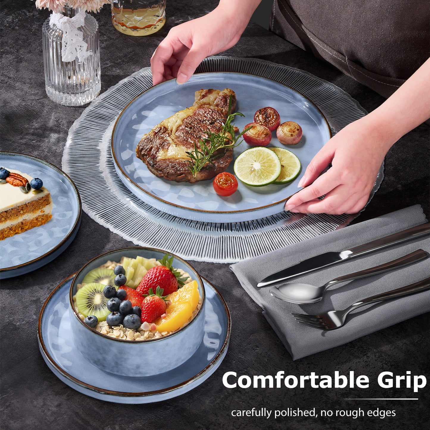 Onader Dinnerware Sets for 6, 18-Piece Plates and Bowls Set, Stoneware Dish Set for Kitchen, Ceramic Dinnerware for Home Restaurant, Chip and Scratch Resistant, Microwave and Dishwashe, Reactive Blue