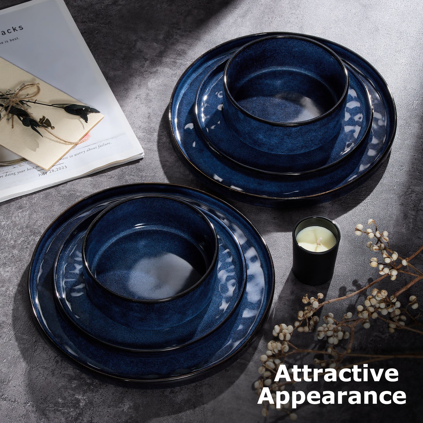 Onader Dinnerware Sets for 6, 18-Piece Plates and Bowls Set, Stoneware Dish Set for Kitchen, Ceramic Dinnerware for Home Restaurant, Chip and Scratch Resistant, Microwave and Dishwasher, Starry Blue