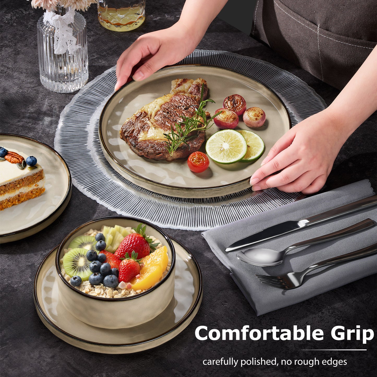 Onader Dinnerware Sets for 6, 18-Piece Plates and Bowls Set, Stoneware Dish Set for Kitchen, Ceramic Dinnerware for Home Restaurant, Chip and Scratch Resistant, Microwave and Dishwasher, Saturn Khaki