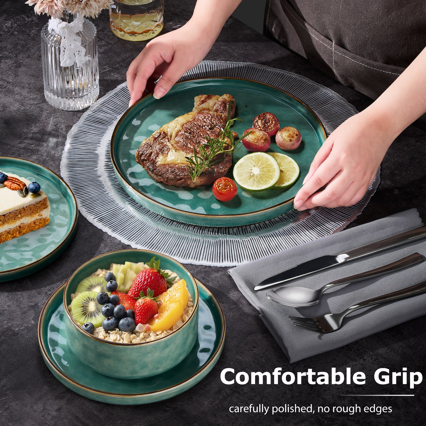 Onader Dinnerware Sets for 6, 18-Piece Plates and Bowls Set, Stoneware Dish Set for Kitchen, Ceramic Dinnerware for Home Restaurant, Chip and Scratch Resistant, Microwave and Dishwash, Reactive Green