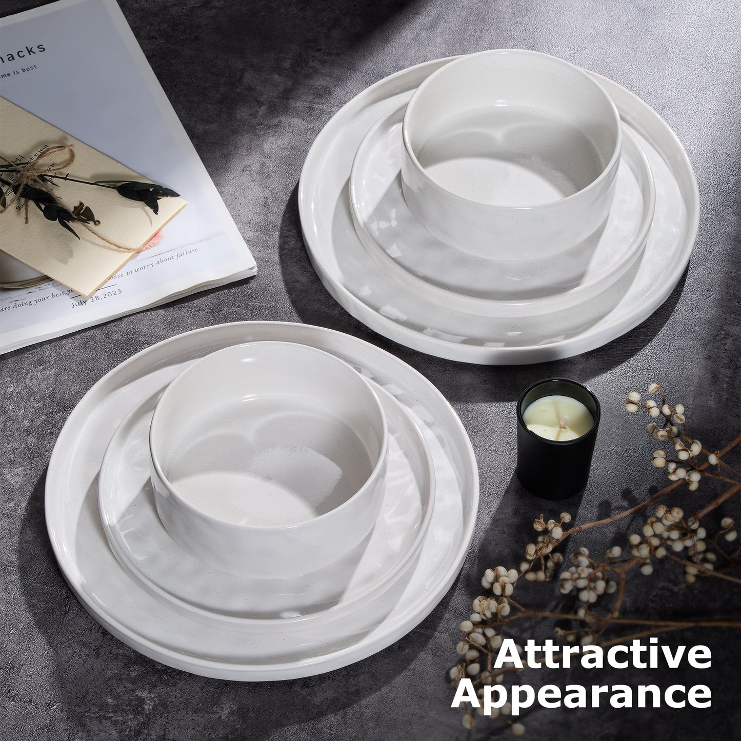 Onader Dinnerware Set for 6, 18-Piece Plates and Bowls Set, Stoneware Dish Set for Kitchen, Ceramic Dinnerware for Home Restaurant, Chip and Scratch Resistant, Microwave and Dishwasher, Speckle White