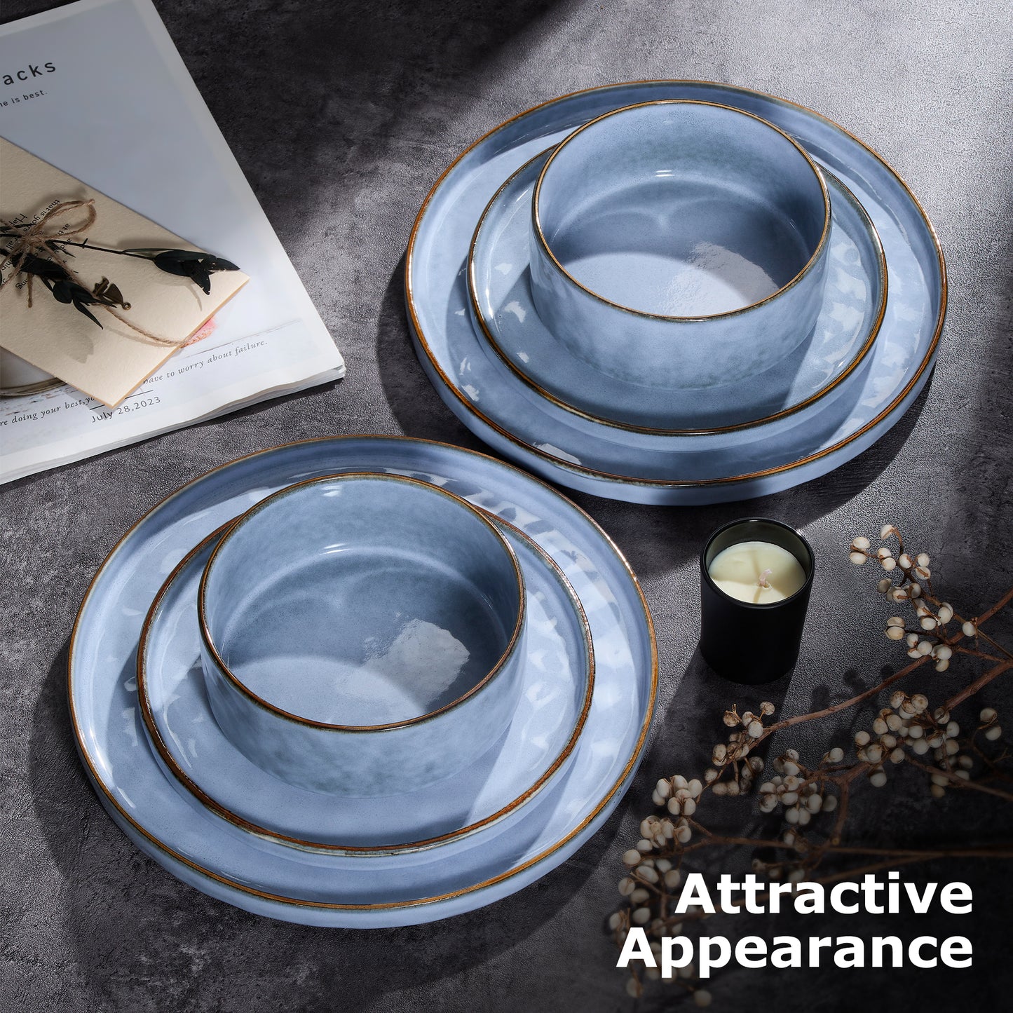 Onader Dinnerware Sets for 6, 18-Piece Plates and Bowls Set, Stoneware Dish Set for Kitchen, Ceramic Dinnerware for Home Restaurant, Chip and Scratch Resistant, Microwave and Dishwashe, Reactive Blue