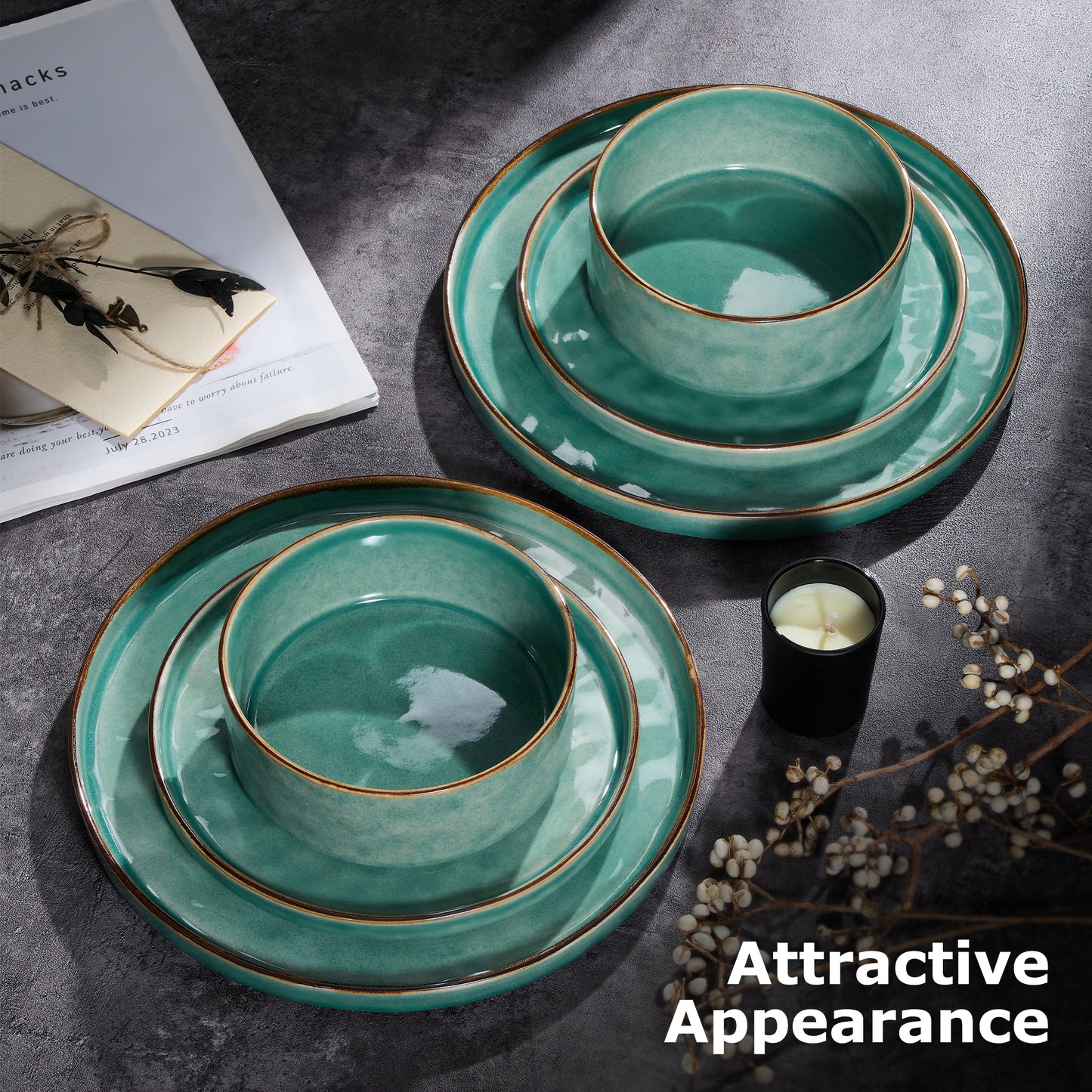 Onader Dinnerware Sets for 6, 18-Piece Plates and Bowls Set, Stoneware Dish Set for Kitchen, Ceramic Dinnerware for Home Restaurant, Chip and Scratch Resistant, Microwave and Dishwash, Reactive Green