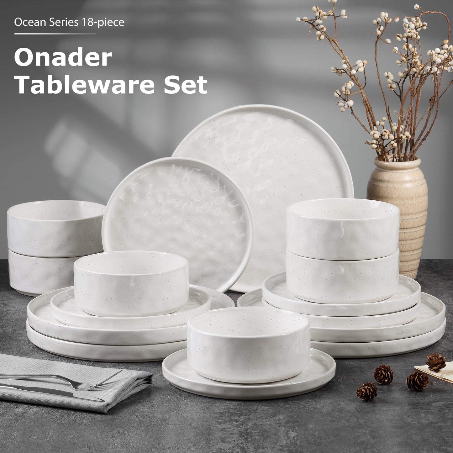 Onader Dinnerware Set for 6, 18-Piece Plates and Bowls Set, Stoneware Dish Set for Kitchen, Ceramic Dinnerware for Home Restaurant, Chip and Scratch Resistant, Microwave and Dishwasher, Speckle White
