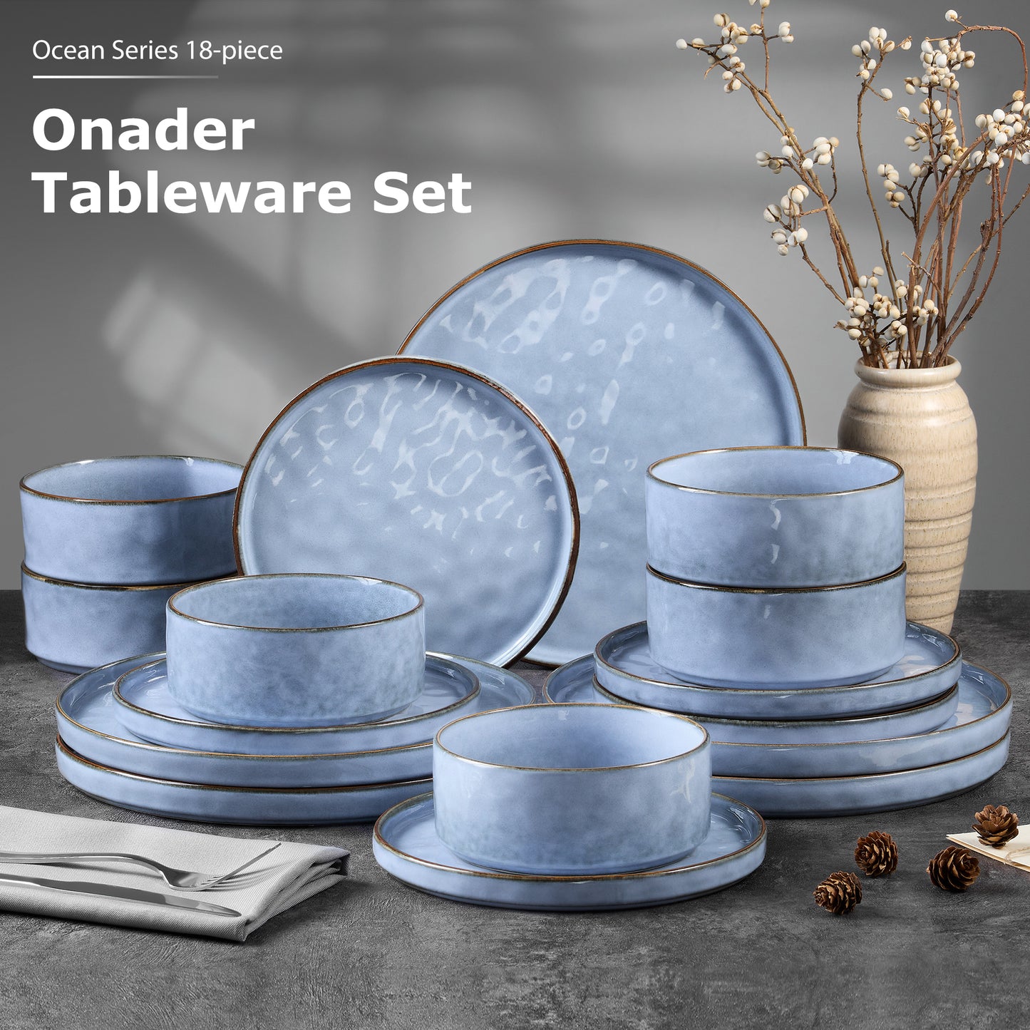 Onader Dinnerware Sets for 6, 18-Piece Plates and Bowls Set, Stoneware Dish Set for Kitchen, Ceramic Dinnerware for Home Restaurant, Chip and Scratch Resistant, Microwave and Dishwashe, Reactive Blue
