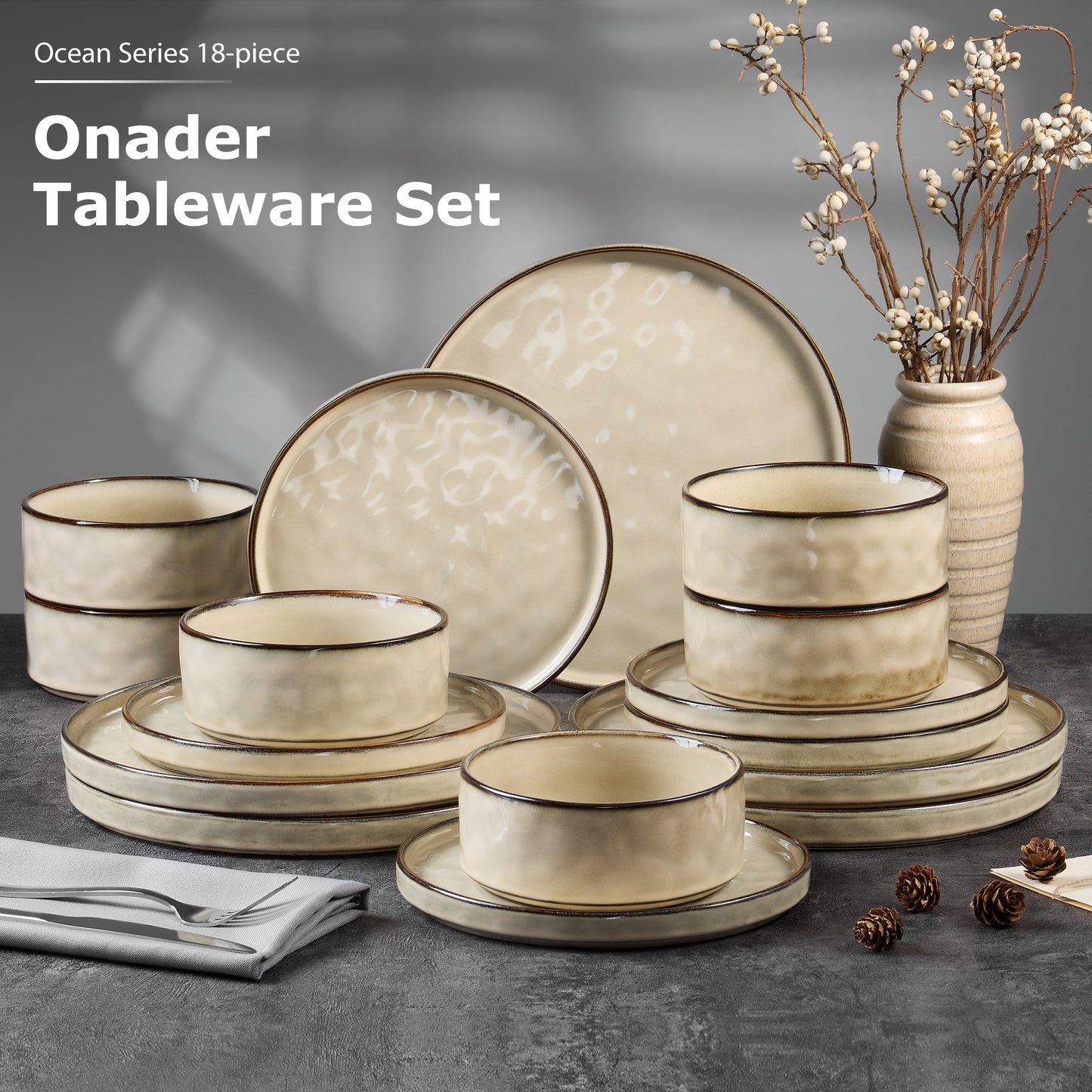 Onader Dinnerware Sets for 6, 18-Piece Plates and Bowls Set, Stoneware Dish Set for Kitchen, Ceramic Dinnerware for Home Restaurant, Chip and Scratch Resistant, Microwave and Dishwasher, Saturn Khaki