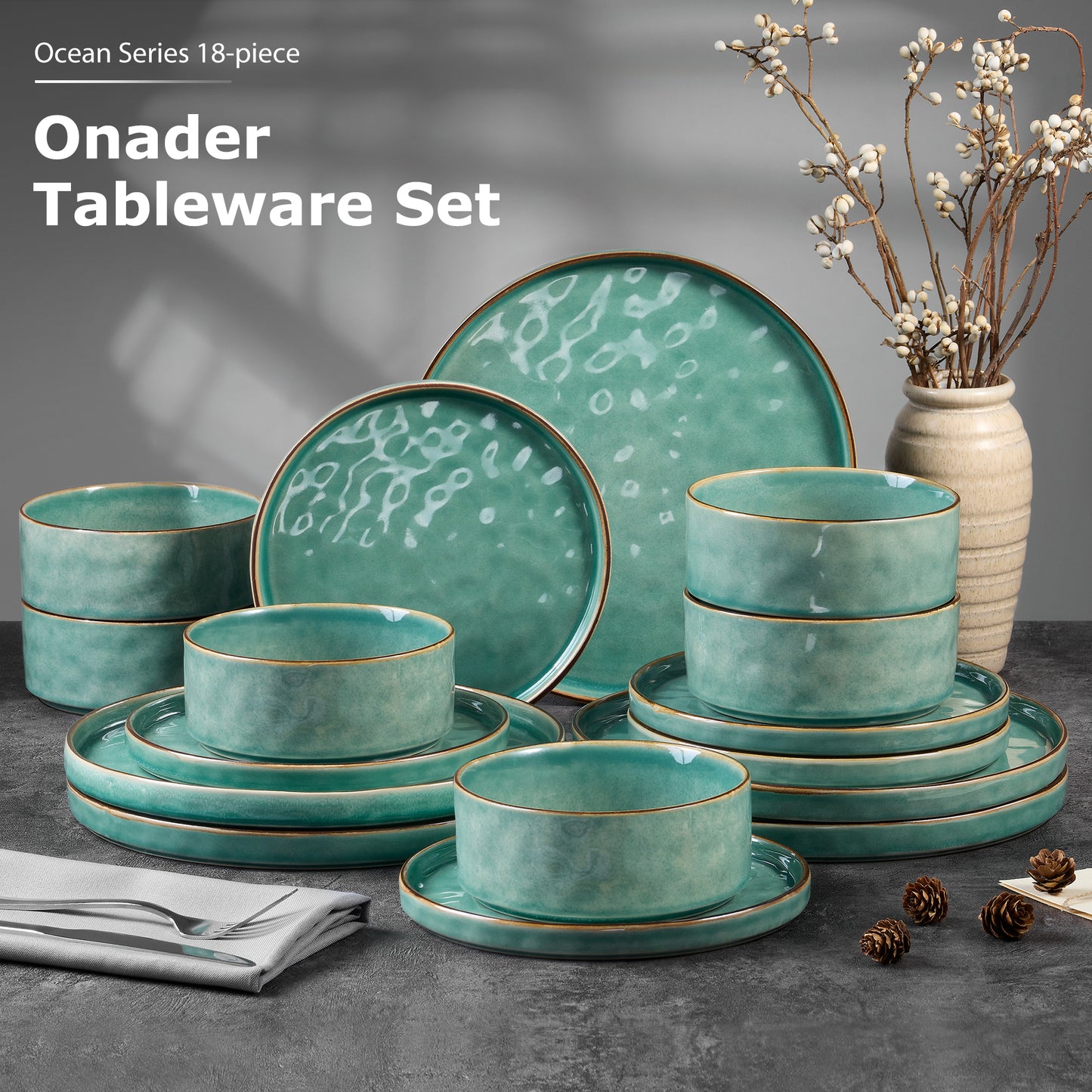 Onader Dinnerware Sets for 6, 18-Piece Plates and Bowls Set, Stoneware Dish Set for Kitchen, Ceramic Dinnerware for Home Restaurant, Chip and Scratch Resistant, Microwave and Dishwash, Reactive Green