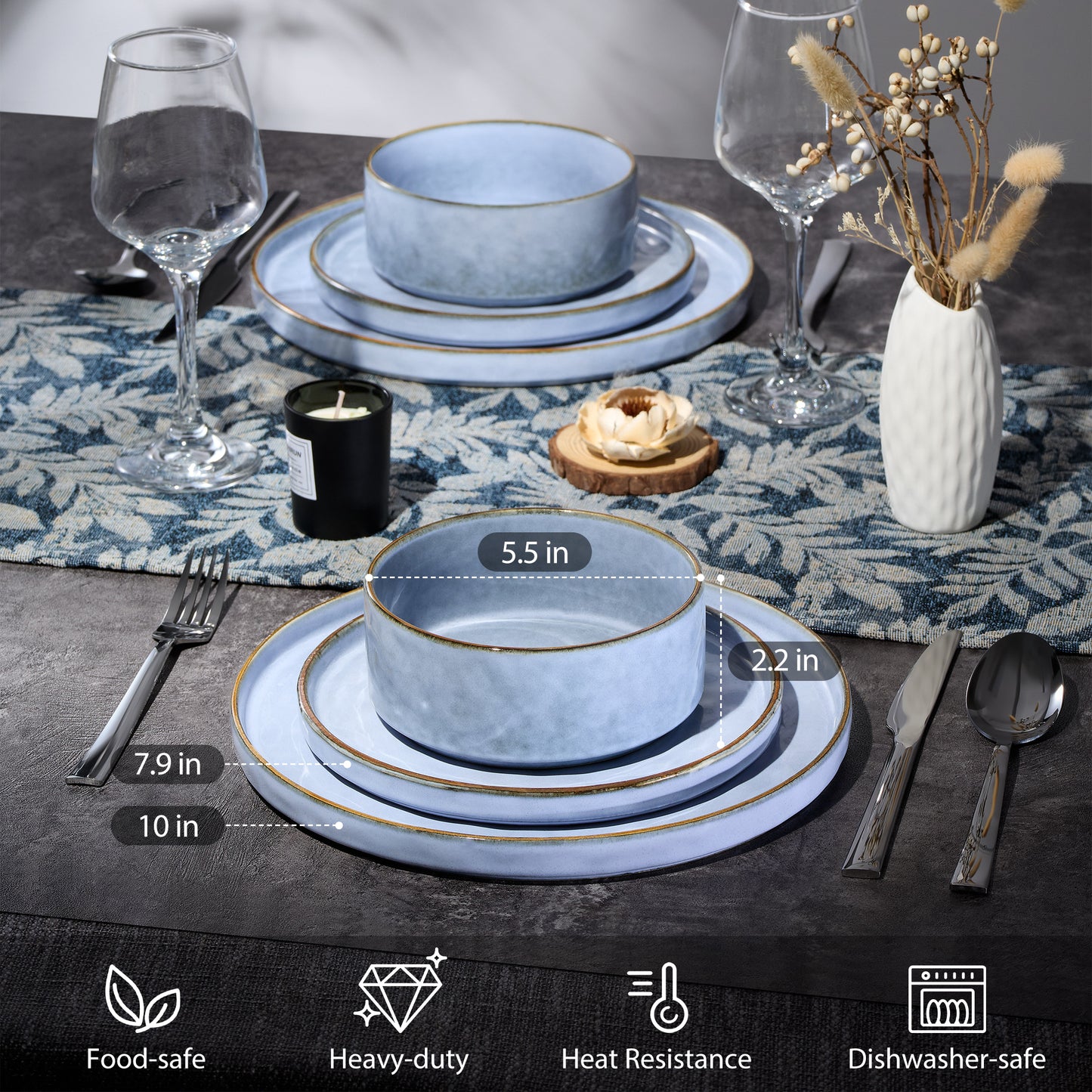 Onader Dinnerware Sets for 6, 18-Piece Plates and Bowls Set, Stoneware Dish Set for Kitchen, Ceramic Dinnerware for Home Restaurant, Chip and Scratch Resistant, Microwave and Dishwashe, Reactive Blue