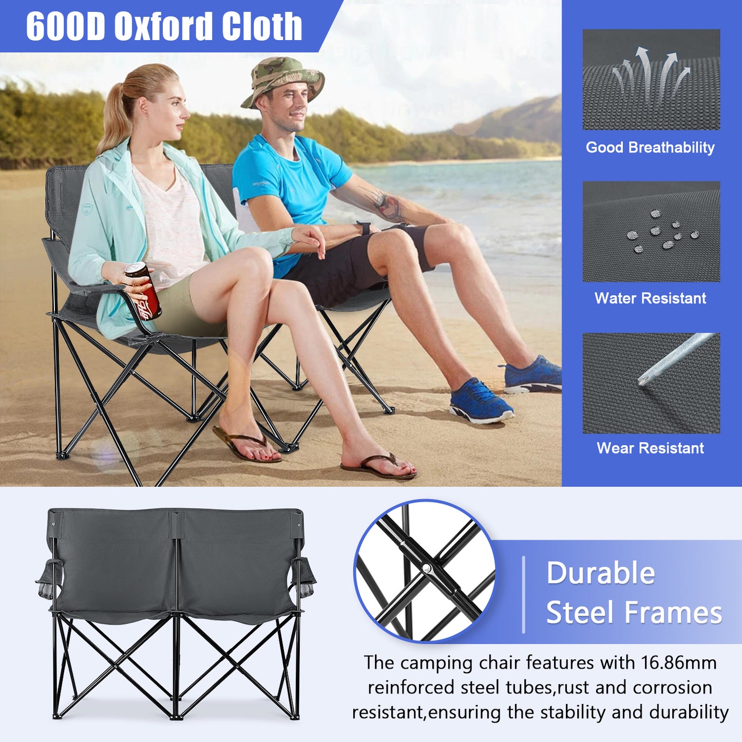 Vesteel Double Camping Chair with Portable Table, Love Seat Folding Chair for Adults, Cup Holders & Carry Bag for Outside, Travel, Picnic, Beach(Gray)