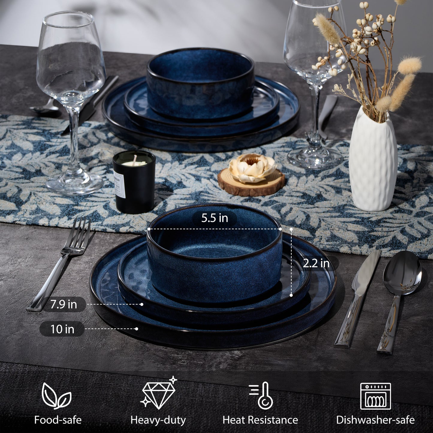 Onader Dinnerware Sets for 6, 18-Piece Plates and Bowls Set, Stoneware Dish Set for Kitchen, Ceramic Dinnerware for Home Restaurant, Chip and Scratch Resistant, Microwave and Dishwasher, Starry Blue