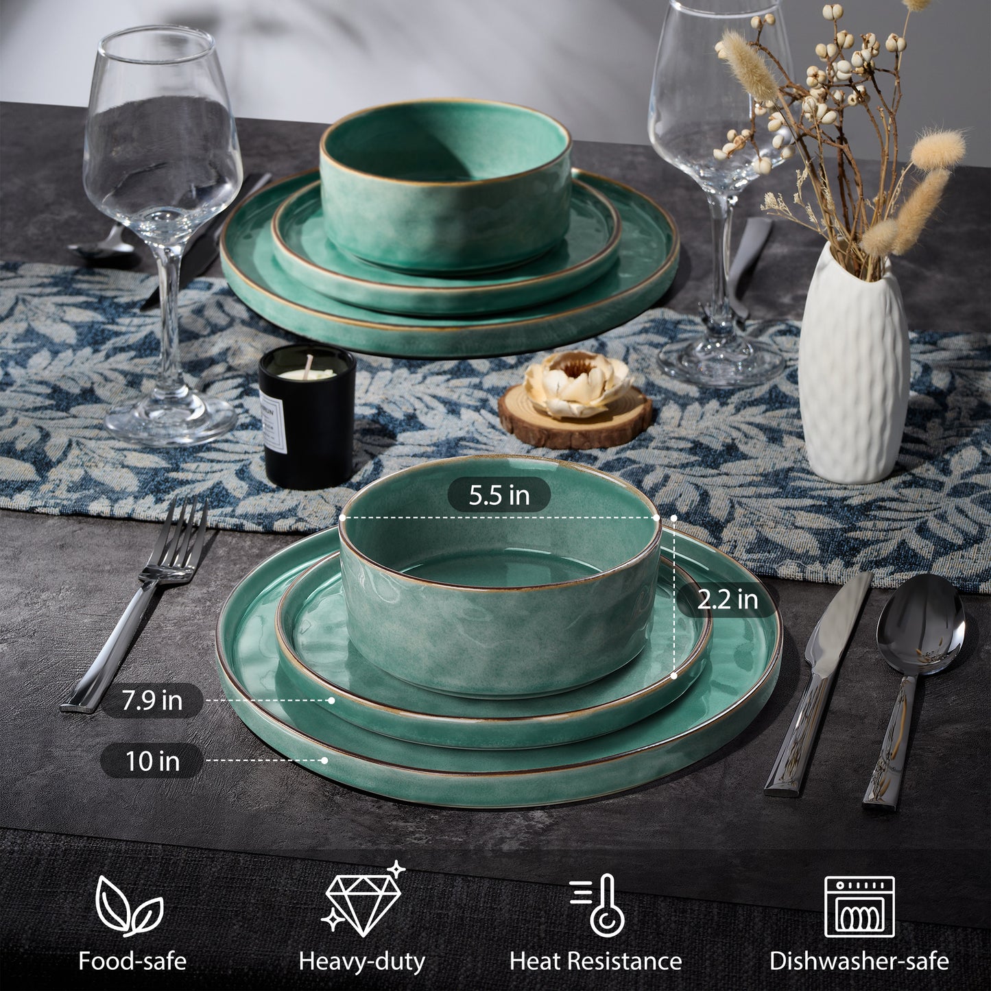 Onader Dinnerware Sets for 6, 18-Piece Plates and Bowls Set, Stoneware Dish Set for Kitchen, Ceramic Dinnerware for Home Restaurant, Chip and Scratch Resistant, Microwave and Dishwash, Reactive Green