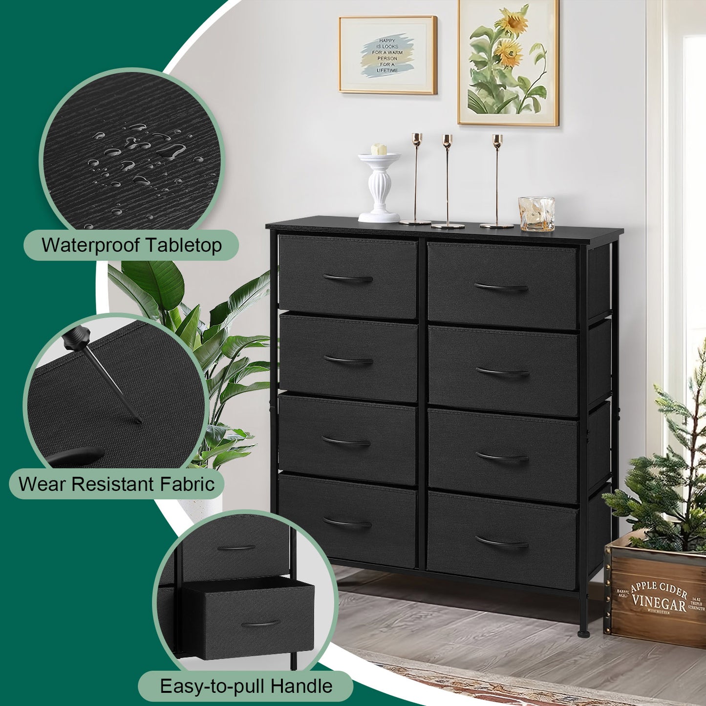 Vesteel 8 Drawers Dresser for Bedroom, Double Dresser Tall Storage Tower with Fabric Bins, Chest of Drawers for Closet, Living Room, Hallway, Black