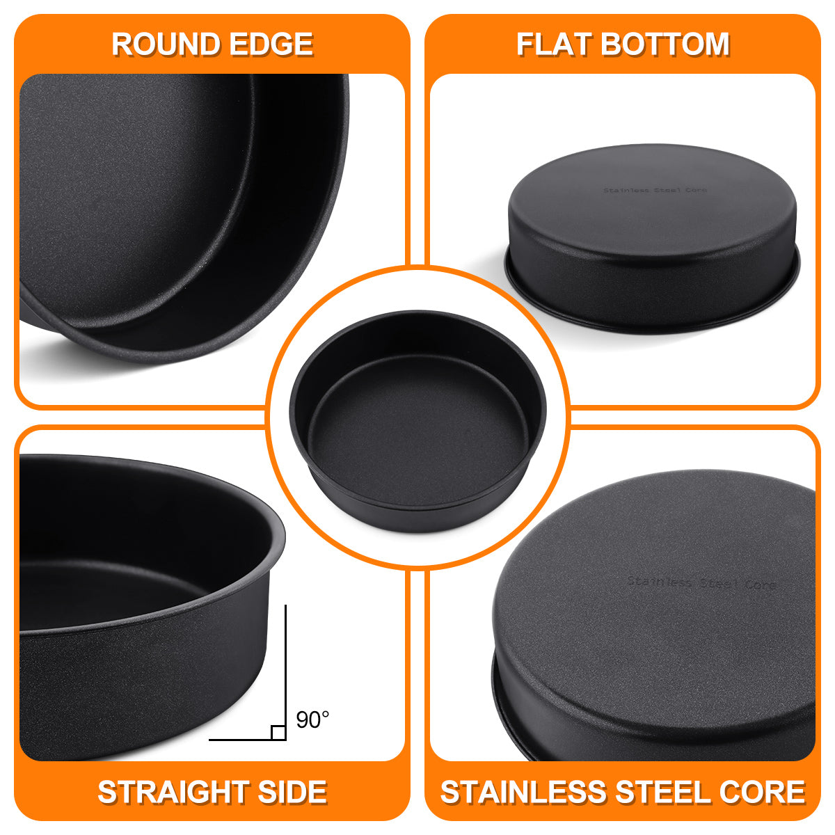 8 inch Cake Pan Set of 3, Vesteel Stainless Steel Round Cake Baking Pans for Layer/Birthday/Wedding Cake, Nonstick & Heavy Duty