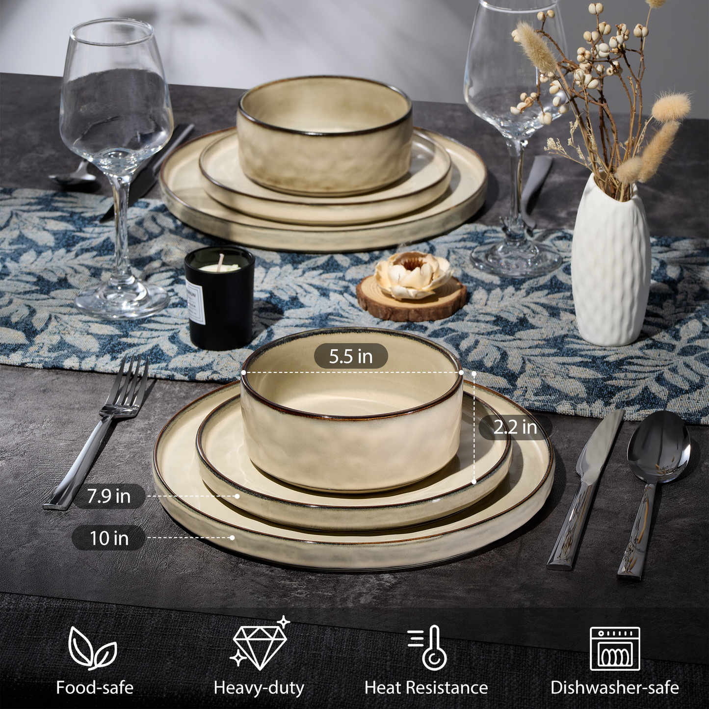 Onader Dinnerware Sets for 6, 18-Piece Plates and Bowls Set, Stoneware Dish Set for Kitchen, Ceramic Dinnerware for Home Restaurant, Chip and Scratch Resistant, Microwave and Dishwasher, Saturn Khaki
