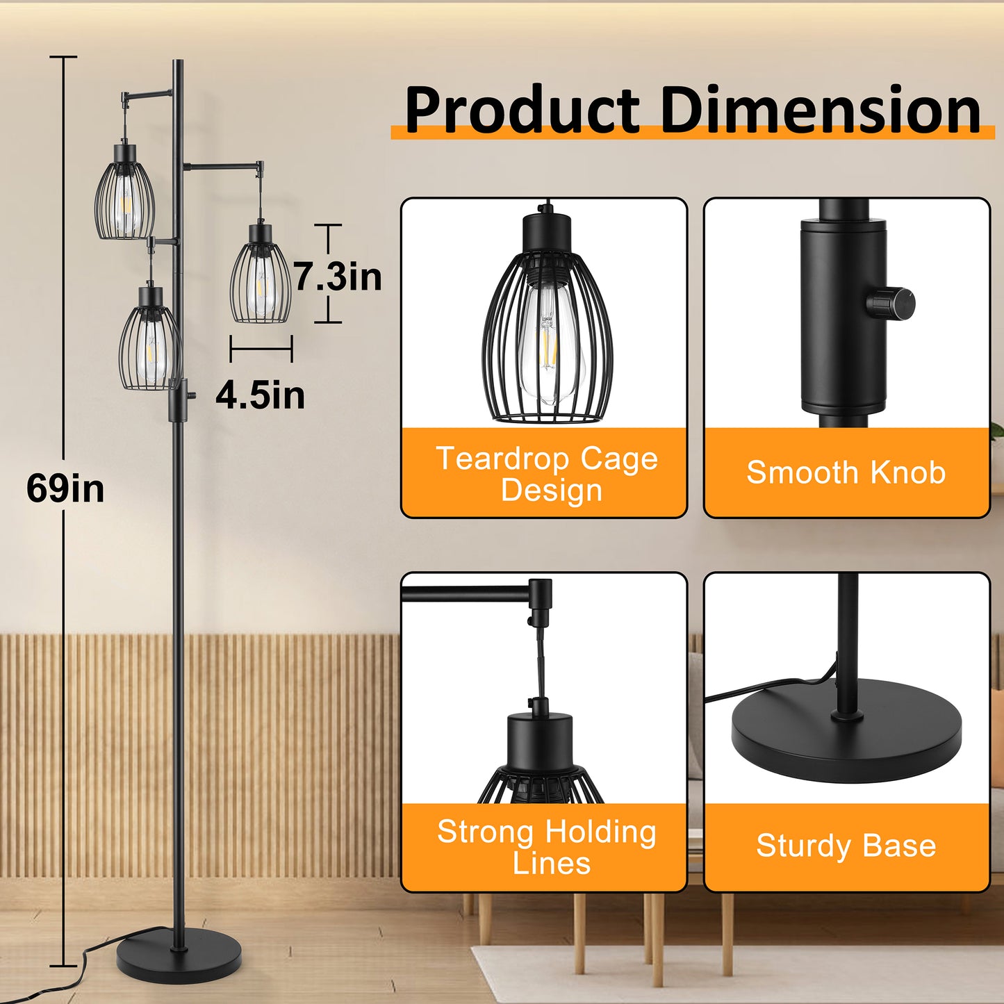 Vesteel Floor Lamp for Living Room, Industrial Dimmable Lamp with 3 Teardrop Cage and Bulbs, Farmhouse Standing Tree Lamp Design for Bedroom Office Dining Room