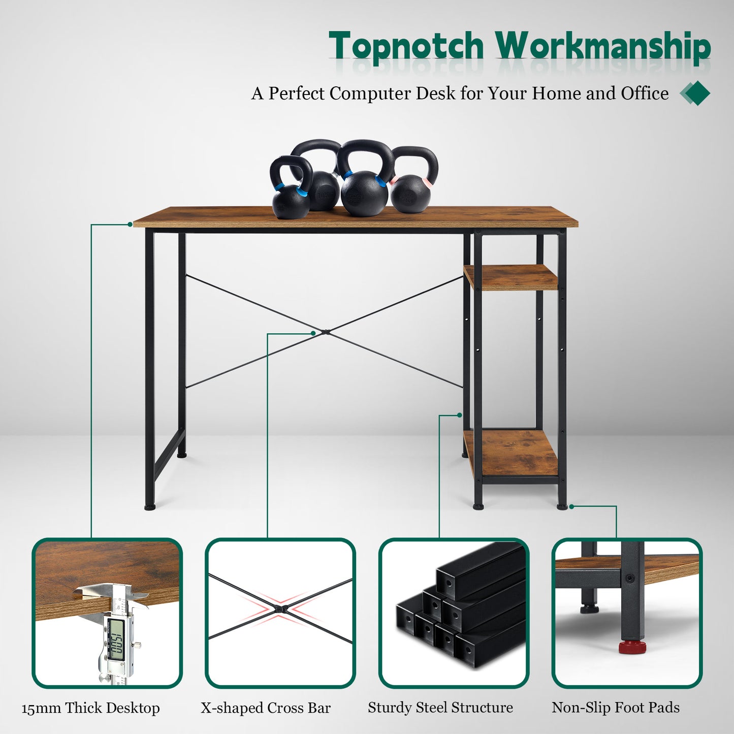 Vesteel 43 inch Computer Desk, Reversible Home Office Corner Desk With Storage Shelves and Bag, Rustic Brown Modern Simple Style Study Writing Table