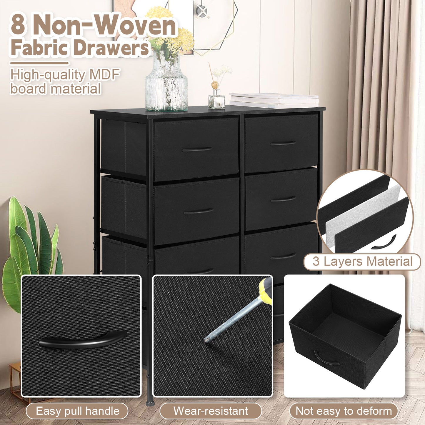 Vesteel Dresser for Bedroom with 8 Fabric Drawers, Storage Tower with Wooden Top and Metal Frame, Chest of Clothes Organizer for Living Room, Entryway - Black