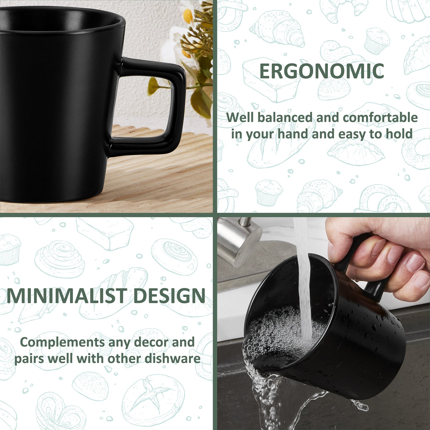 Vesteel Coffee Mugs Set of 6, 11oz Ceramic Coffee Cups with Handles for Men Women, Stoneware Mugs for Tea Latte, Housewarming Wedding Gifts, Matte Black