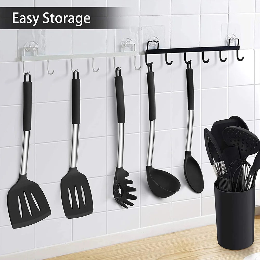 VeSteel 15-Piece Kitchen Cooking Utensils Set with Holder, Silicone Kitchen Tools Stainless Steel Handle, Slotted Spatula Spoon Turner Tong Whisk Brush for Cooking, Black