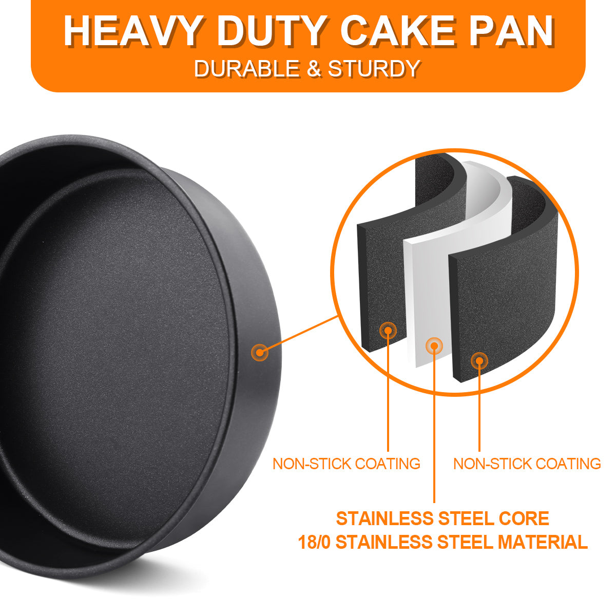 8 inch Cake Pan Set of 3, Vesteel Stainless Steel Round Cake Baking Pans for Layer/Birthday/Wedding Cake, Nonstick & Heavy Duty