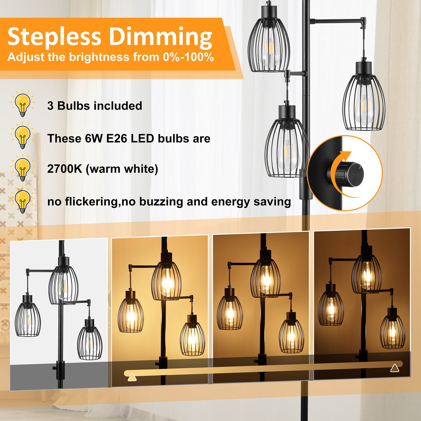 Vesteel Floor Lamp for Living Room, Industrial Dimmable Lamp with 3 Teardrop Cage and Bulbs, Farmhouse Standing Tree Lamp Design for Bedroom Office Dining Room
