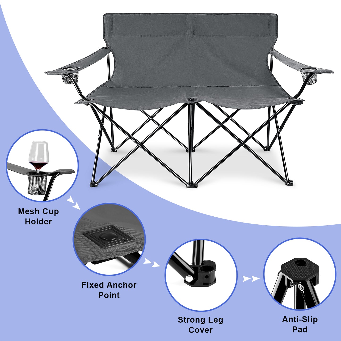 Vesteel Double Camping Chair with Portable Table, Love Seat Folding Chair for Adults, Cup Holders & Carry Bag for Outside, Travel, Picnic, Beach(Gray)