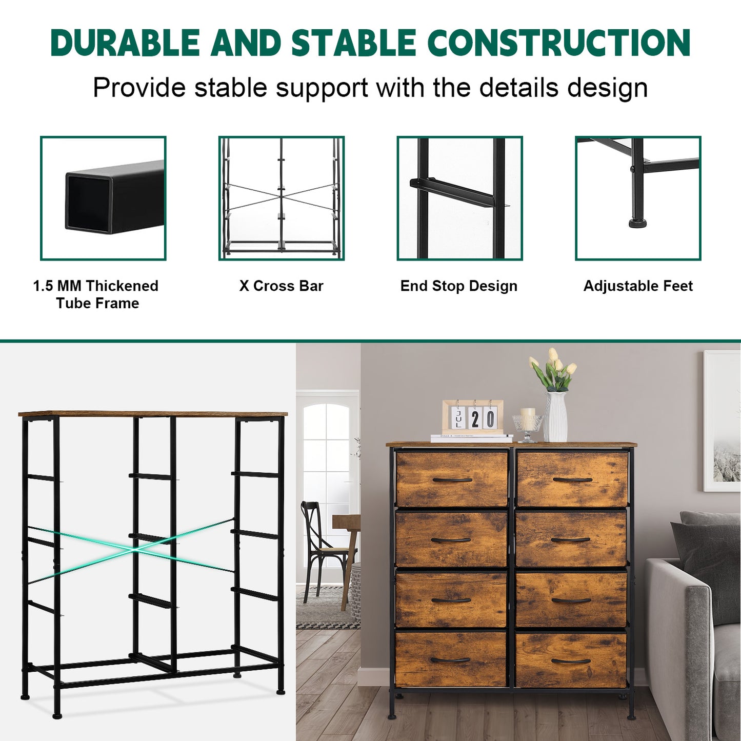 Vesteel 8 Drawers Dresser for Bedroom, Double Dresser Tall Storage Tower with Fabric Bins, Chest of Drawers for Closet, Living Room, Hallway, Rustic Brown