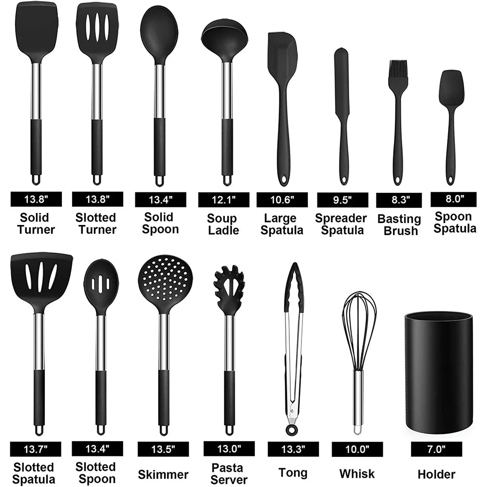 VeSteel 15-Piece Kitchen Cooking Utensils Set with Holder, Silicone Kitchen Tools Stainless Steel Handle, Slotted Spatula Spoon Turner Tong Whisk Brush for Cooking, Black