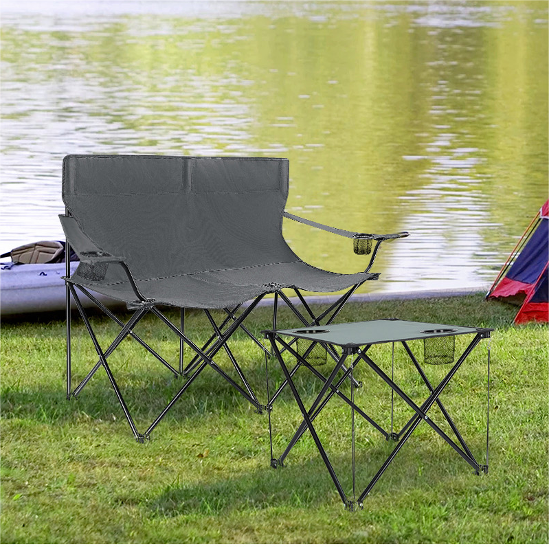 Vesteel Double Camping Chair with Portable Table, Love Seat Folding Chair for Adults, Cup Holders & Carry Bag for Outside, Travel, Picnic, Beach(Gray)