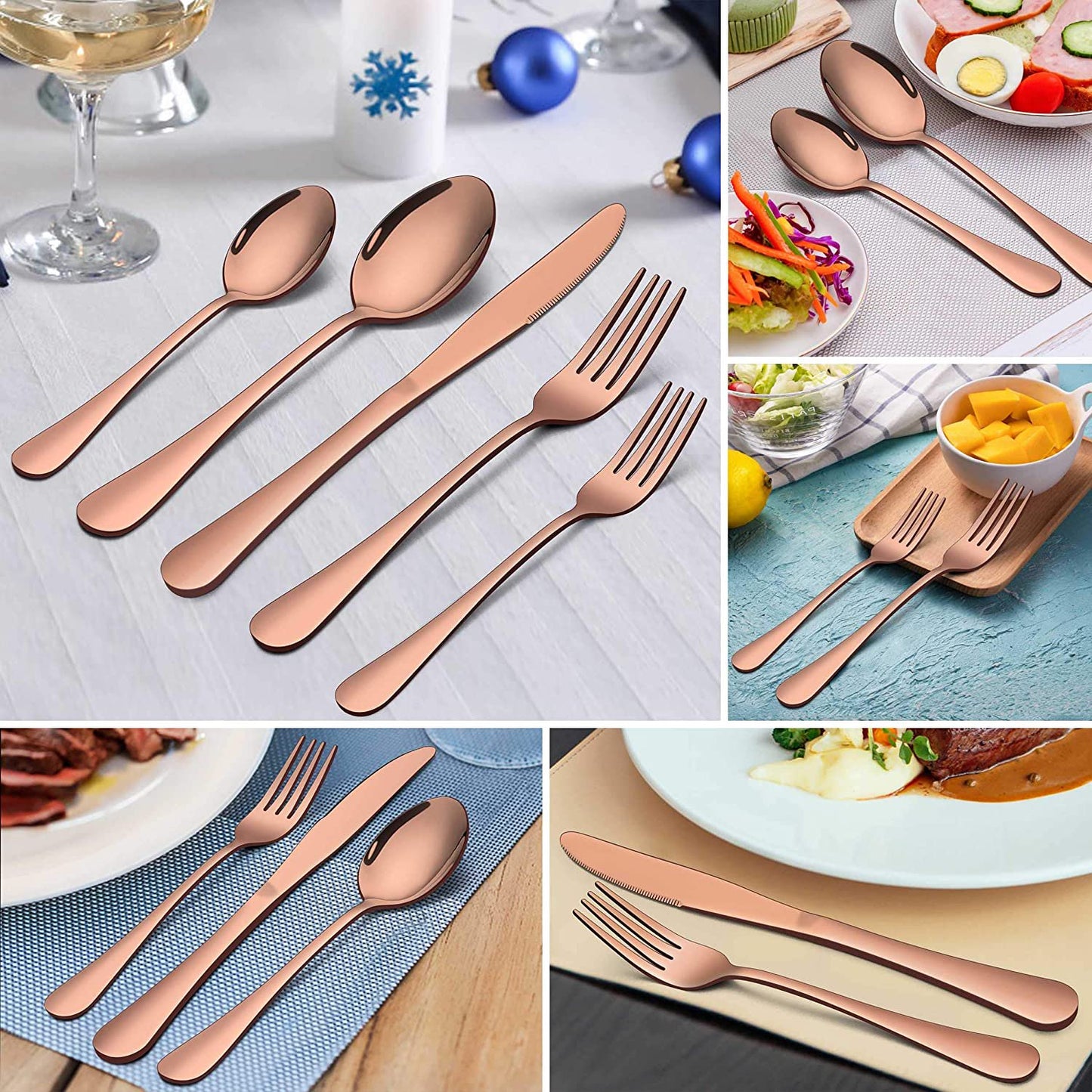 VeSteel 20 Piece Copper Silverware Flatware Set for 4, Stainless Steel Eating Utensils Cutlery Tableware Includes Knives/Spoons/Forks