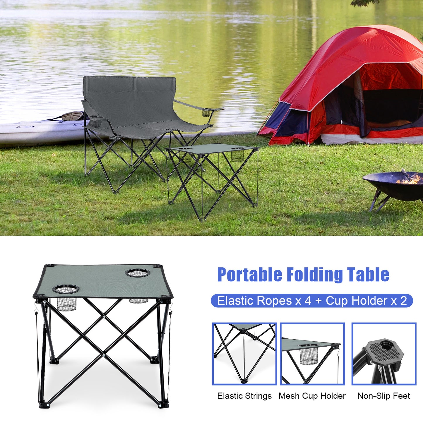 Vesteel Double Camping Chair with Portable Table, Love Seat Folding Chair for Adults, Cup Holders & Carry Bag for Outside, Travel, Picnic, Beach(Gray)