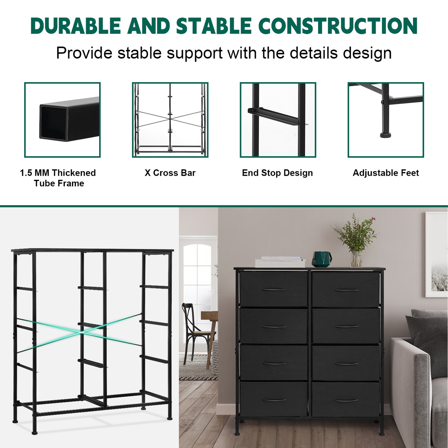 Vesteel 8 Drawers Dresser for Bedroom, Double Dresser Tall Storage Tower with Fabric Bins, Chest of Drawers for Closet, Living Room, Hallway, Black