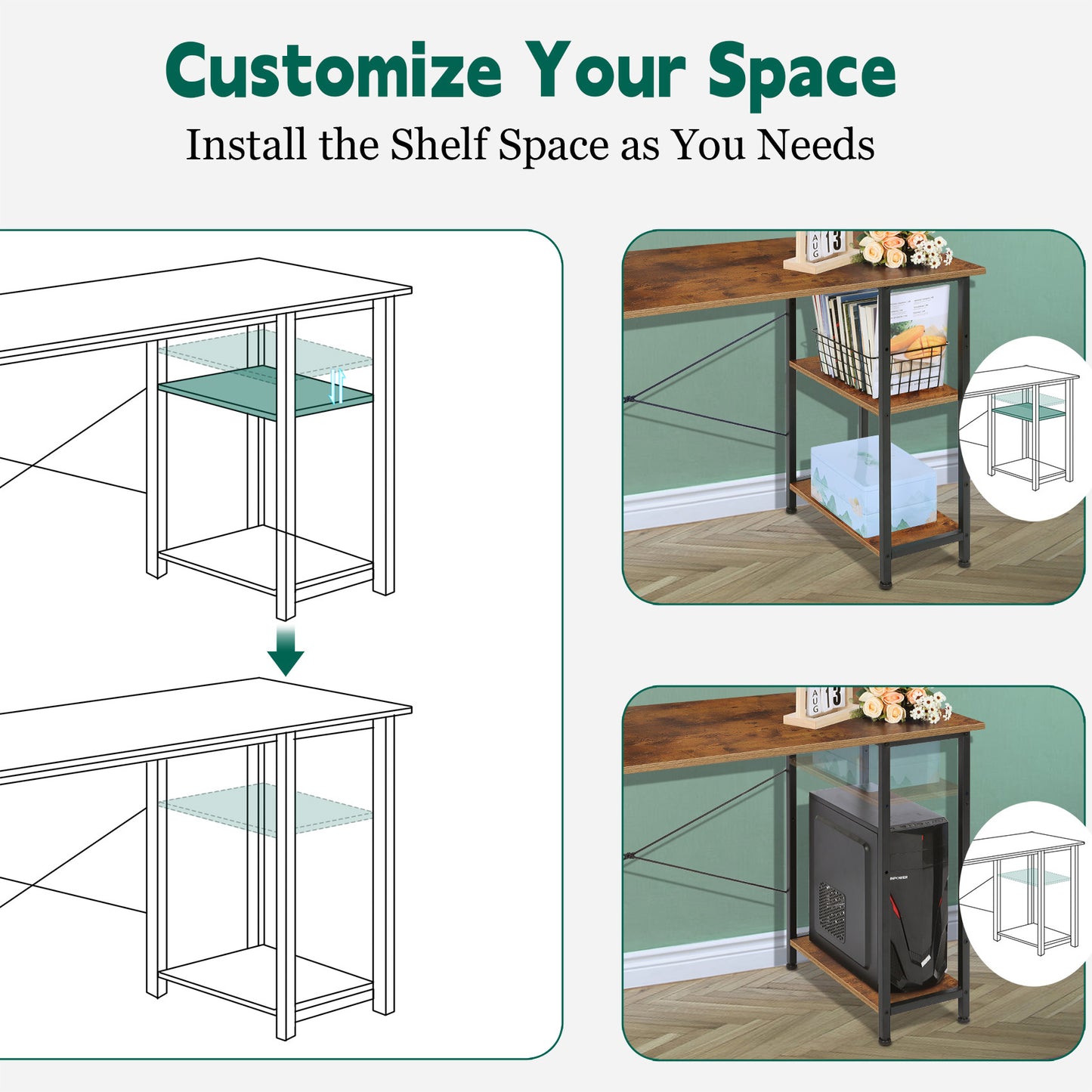 Vesteel 43 inch Computer Desk, Reversible Home Office Corner Desk With Storage Shelves and Bag, Rustic Brown Modern Simple Style Study Writing Table