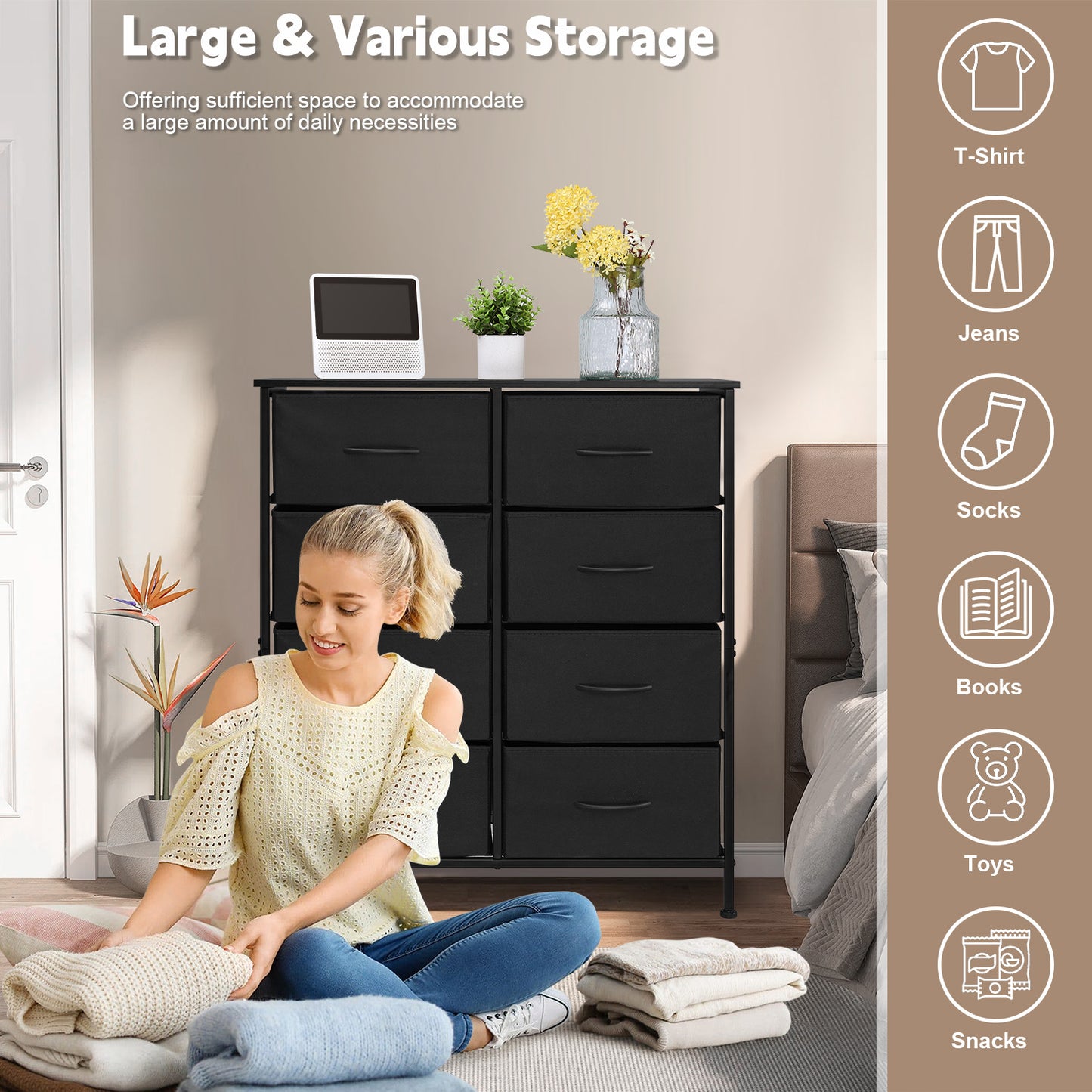 Vesteel Dresser for Bedroom with 8 Fabric Drawers, Storage Tower with Wooden Top and Metal Frame, Chest of Clothes Organizer for Living Room, Entryway - Black