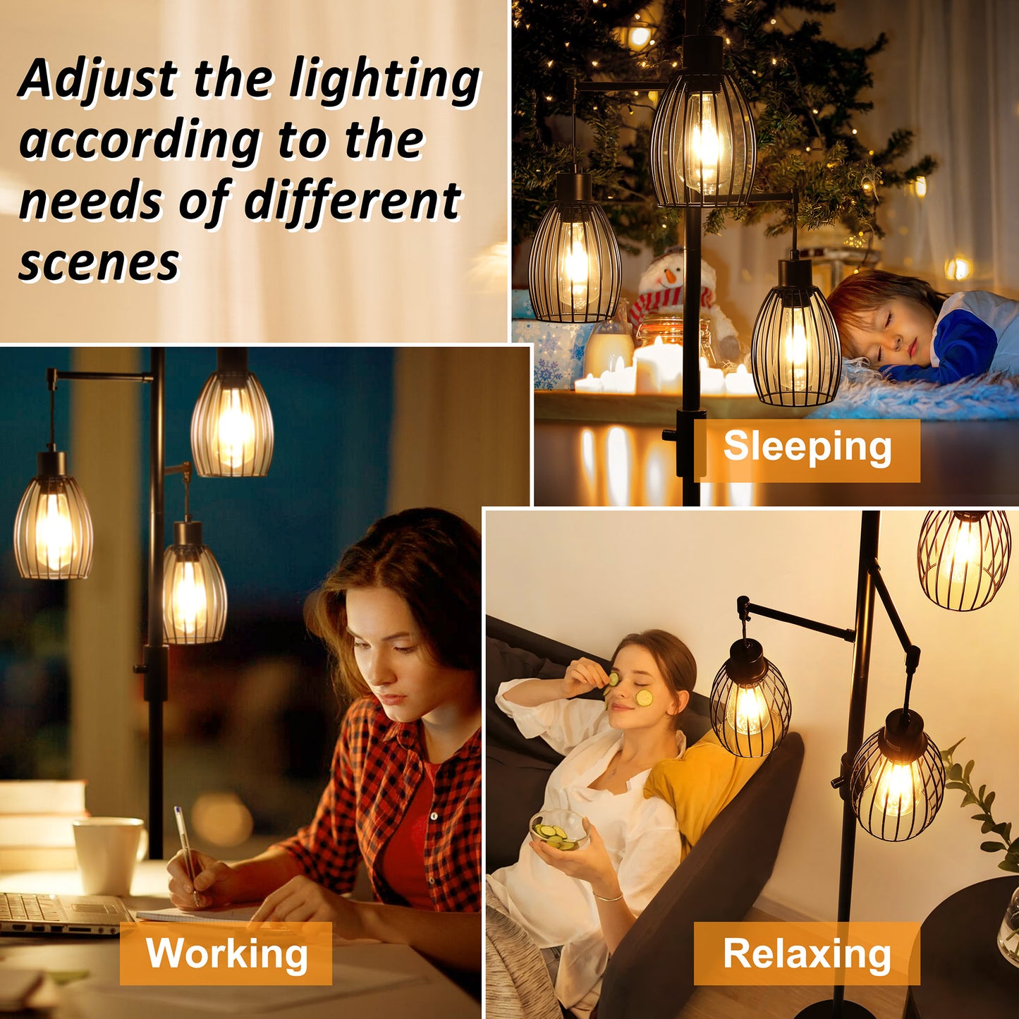 Vesteel Floor Lamp for Living Room, Industrial Dimmable Lamp with 3 Teardrop Cage and Bulbs, Farmhouse Standing Tree Lamp Design for Bedroom Office Dining Room