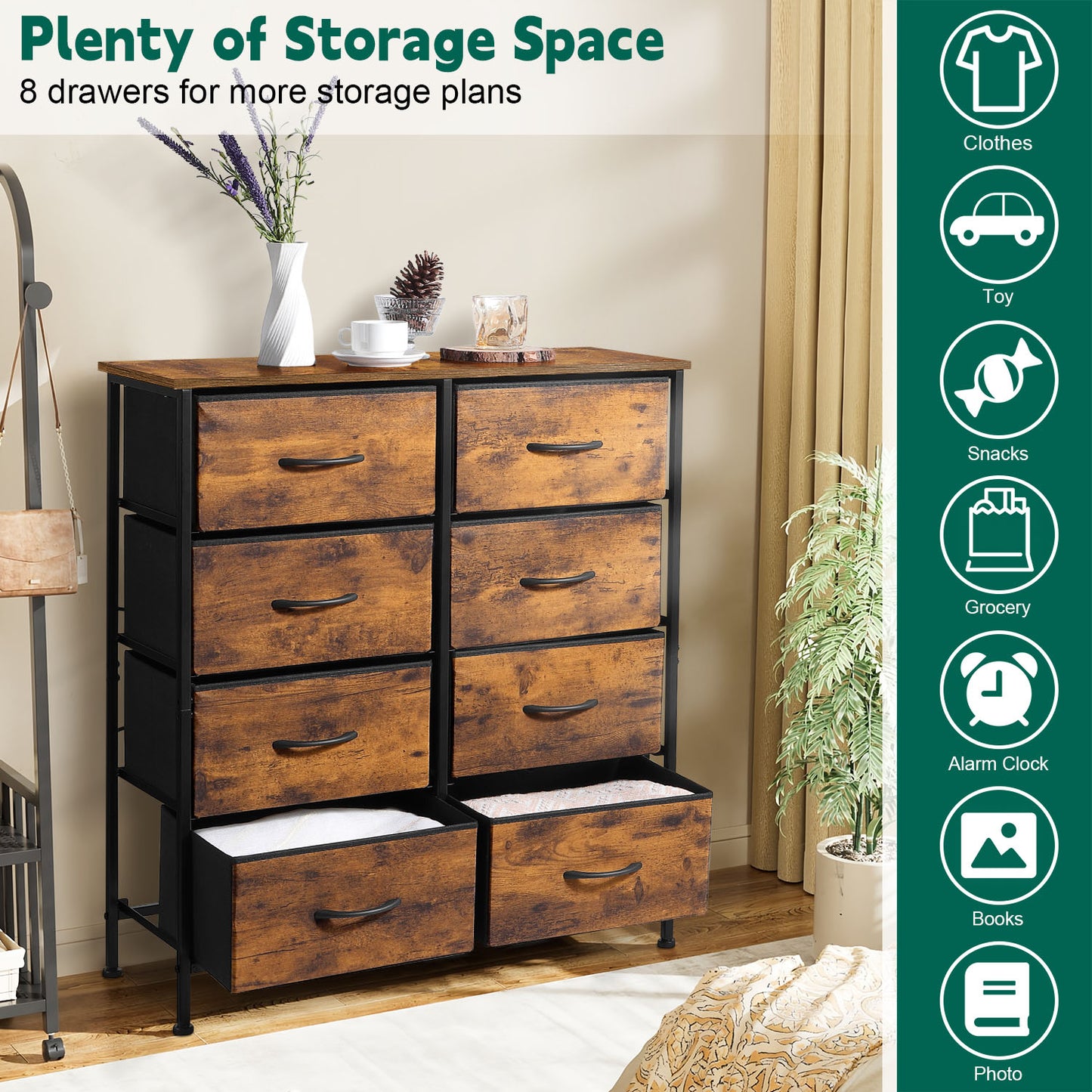 Vesteel 8 Drawers Dresser for Bedroom, Double Dresser Tall Storage Tower with Fabric Bins, Chest of Drawers for Closet, Living Room, Hallway, Rustic Brown