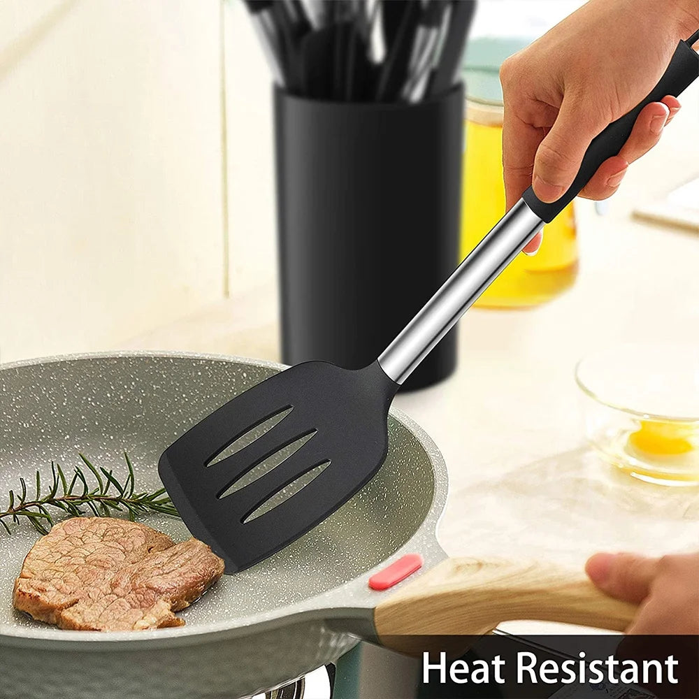 VeSteel 15-Piece Kitchen Cooking Utensils Set with Holder, Silicone Kitchen Tools Stainless Steel Handle, Slotted Spatula Spoon Turner Tong Whisk Brush for Cooking, Black