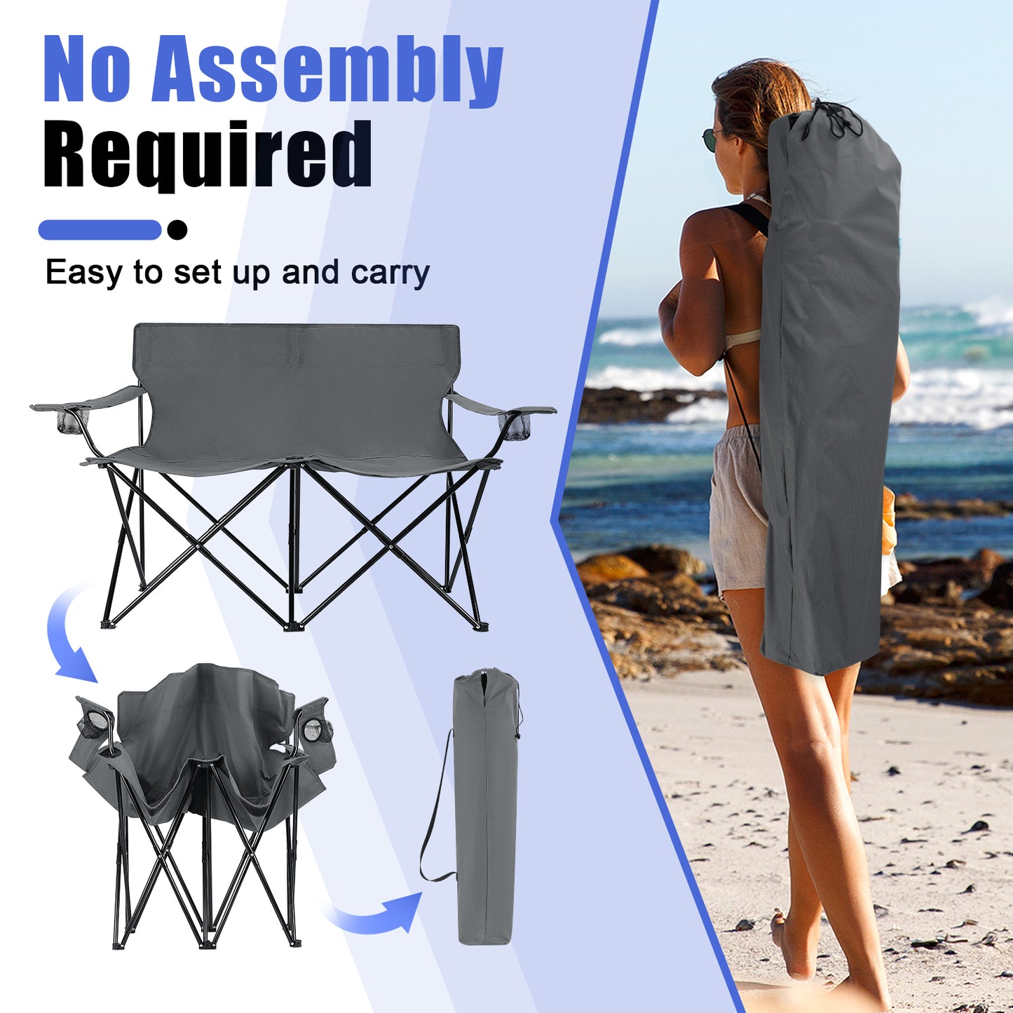Vesteel Double Camping Chair with Portable Table, Love Seat Folding Chair for Adults, Cup Holders & Carry Bag for Outside, Travel, Picnic, Beach(Gray)