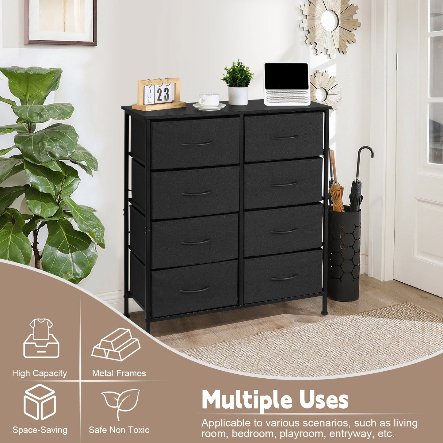 Vesteel Dresser for Bedroom with 8 Fabric Drawers, Storage Tower with Wooden Top and Metal Frame, Chest of Clothes Organizer for Living Room, Entryway - Black