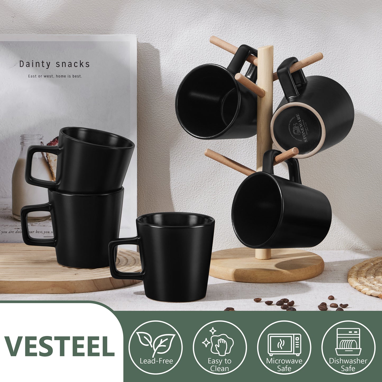 Vesteel Coffee Mugs Set of 6, 11oz Ceramic Coffee Cups with Handles for Men Women, Stoneware Mugs for Tea Latte, Housewarming Wedding Gifts, Matte Black