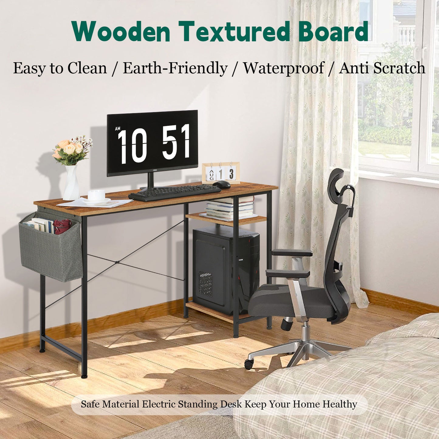Vesteel 43 inch Computer Desk, Reversible Home Office Corner Desk With Storage Shelves and Bag, Rustic Brown Modern Simple Style Study Writing Table