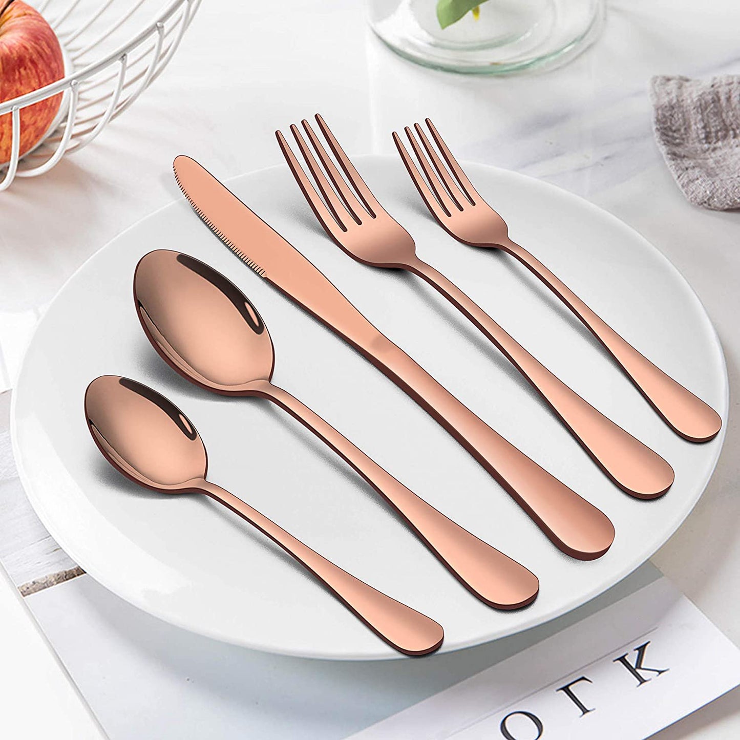 VeSteel 20 Piece Copper Silverware Flatware Set for 4, Stainless Steel Eating Utensils Cutlery Tableware Includes Knives/Spoons/Forks