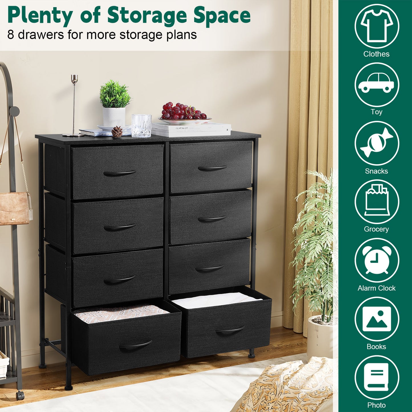 Vesteel 8 Drawers Dresser for Bedroom, Double Dresser Tall Storage Tower with Fabric Bins, Chest of Drawers for Closet, Living Room, Hallway, Black