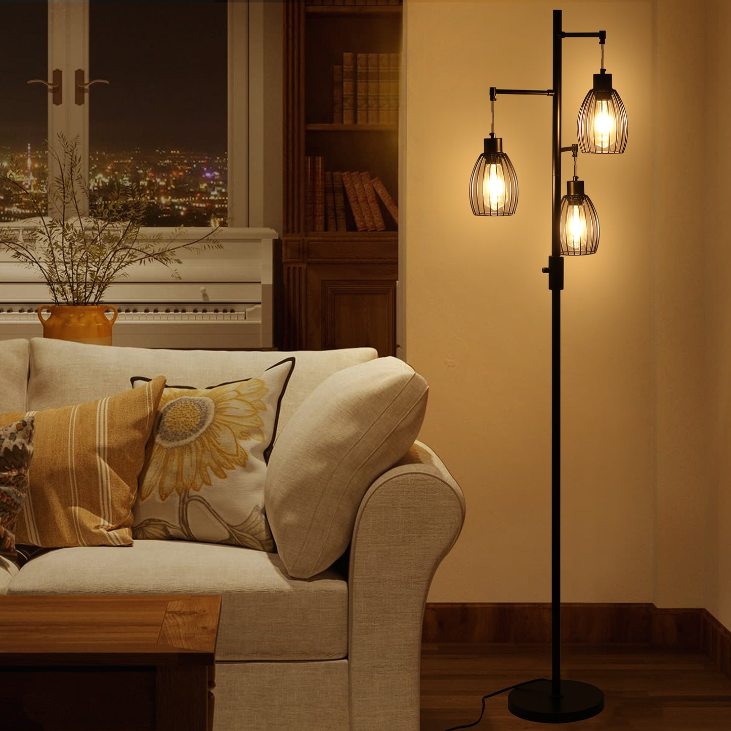 Vesteel Floor Lamp for Living Room, Industrial Dimmable Lamp with 3 Teardrop Cage and Bulbs, Farmhouse Standing Tree Lamp Design for Bedroom Office Dining Room