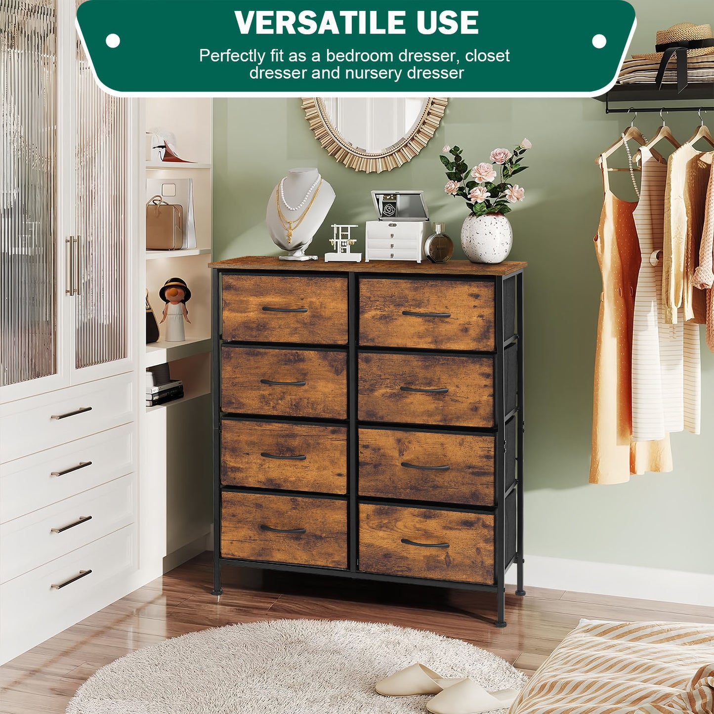 Vesteel 8 Drawers Dresser for Bedroom, Double Dresser Tall Storage Tower with Fabric Bins, Chest of Drawers for Closet, Living Room, Hallway, Rustic Brown