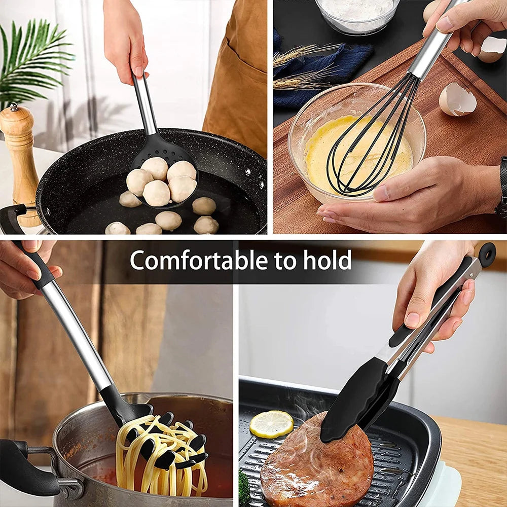 VeSteel 15-Piece Kitchen Cooking Utensils Set with Holder, Silicone Kitchen Tools Stainless Steel Handle, Slotted Spatula Spoon Turner Tong Whisk Brush for Cooking, Black