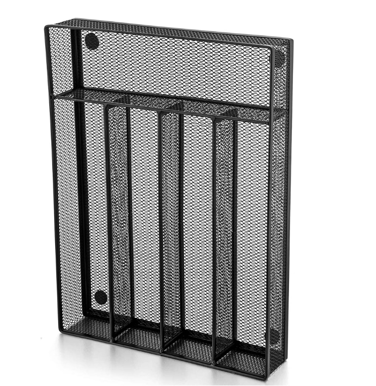 Vesteel Kitchen Drawer Organizer, Black Mesh Wire Utensil Tray, Narrow Metal Cutlery Holder/Divider with Foam Feet, 5 Compartment & Small Size - 12.5 x 9.25-Inch