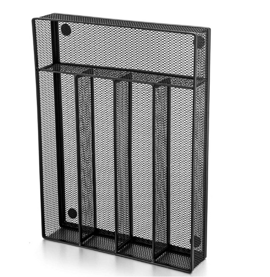 Vesteel Kitchen Drawer Organizer, Black Mesh Wire Utensil Tray, Narrow Metal Cutlery Holder/Divider with Foam Feet, 5 Compartment & Small Size - 12.5 x 9.25-Inch