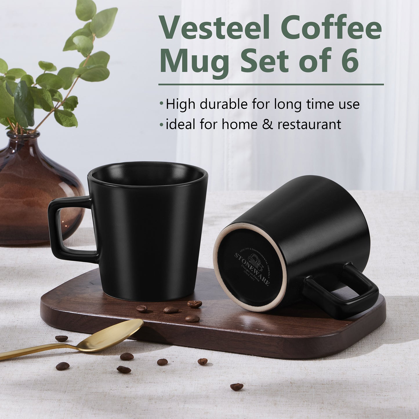 Vesteel Coffee Mugs Set of 6, 11oz Ceramic Coffee Cups with Handles for Men Women, Stoneware Mugs for Tea Latte, Housewarming Wedding Gifts, Matte Black