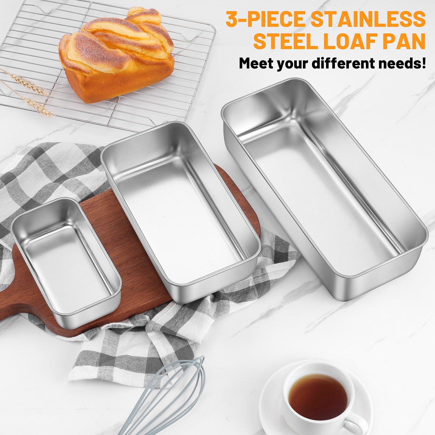 Vesteel Stainless Steel Loaf Pan Set, 3 Sizes Baking Bread Pans (12 x 5 Inch, 9 x 5 Inch, 6 x 3.5 Inch) , Toast Baking Pans for Meatloaf, Cake & Homemade Bread, Non Toxic & Dishwasher Safe